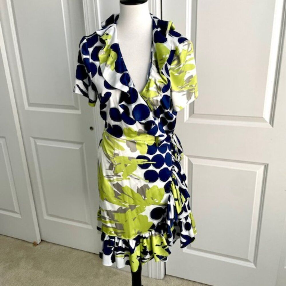 Argenti Green Blue Flowy Wrap Short Sleeve Dress Size 14
